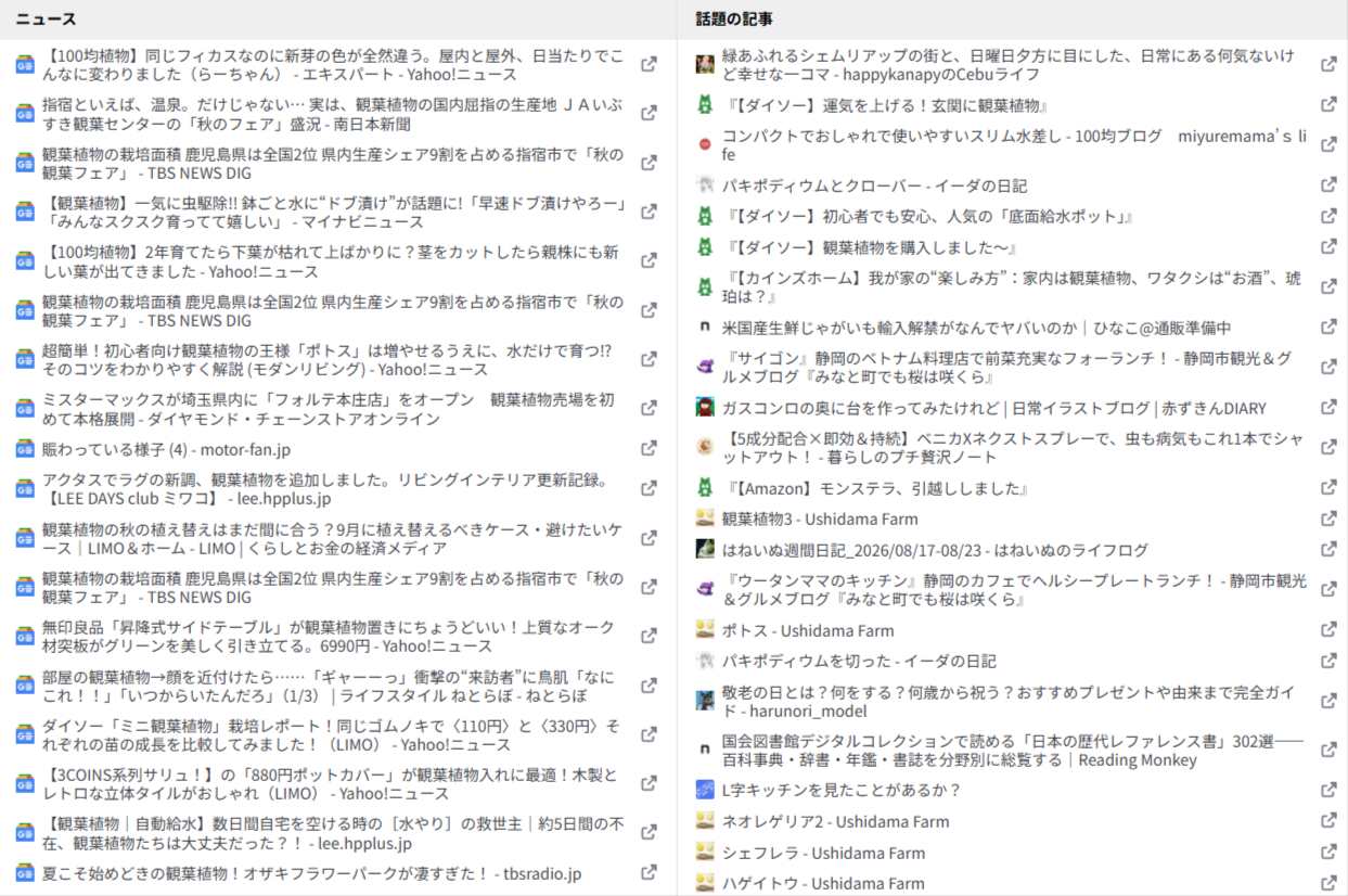 ラッコキーワードのニュース・話題の記事で観葉植物の話題を確認した画面