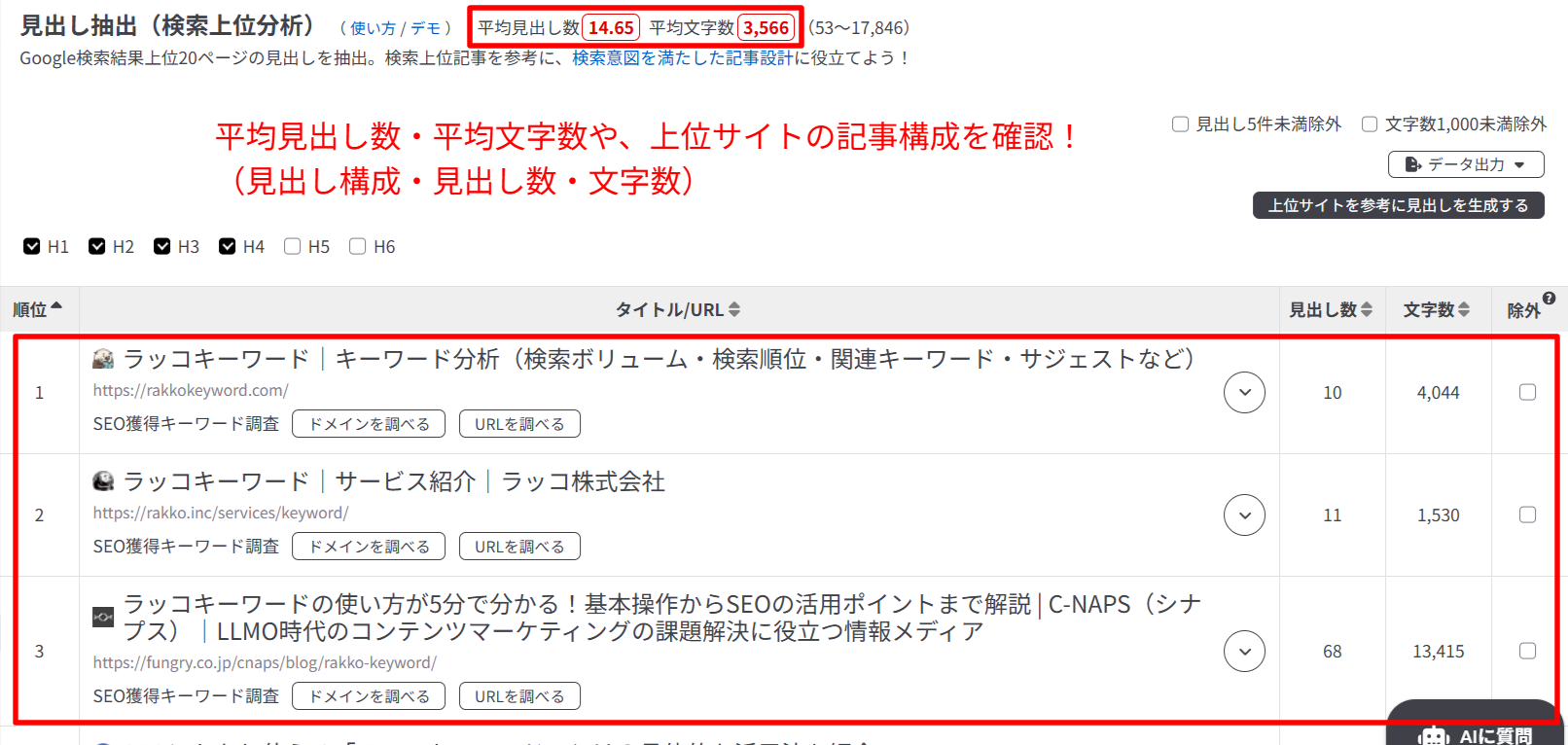 見出し抽出ツールの使い方 | ラッコキーワード
