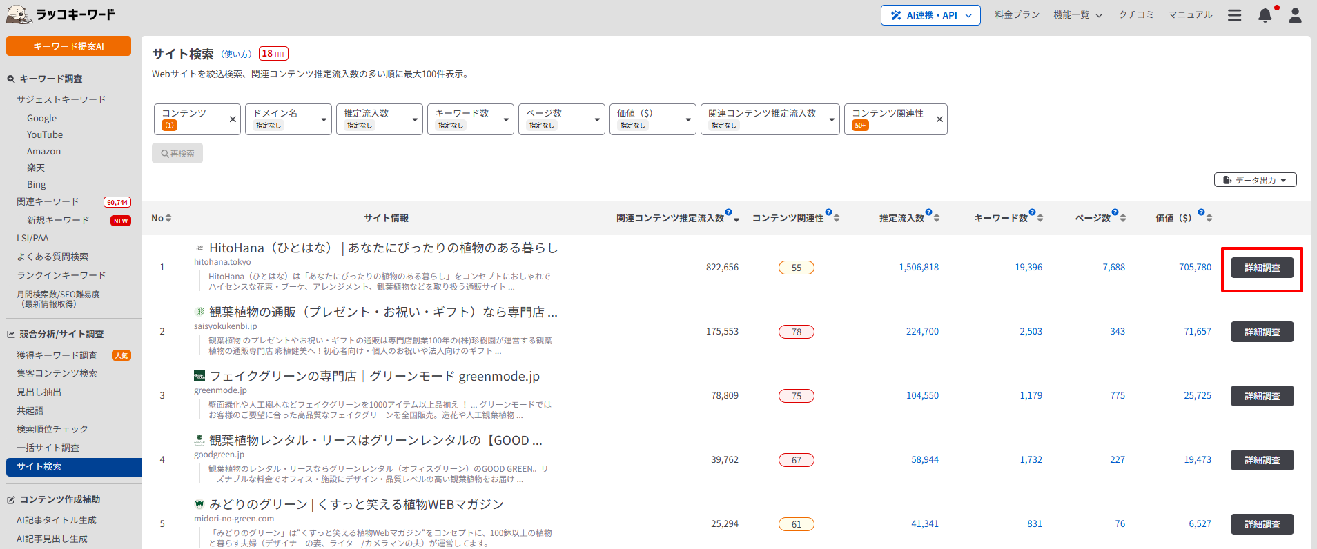 観葉植物に特化したサイト一覧から気になるサイトの詳細調査ボタンを押す画面