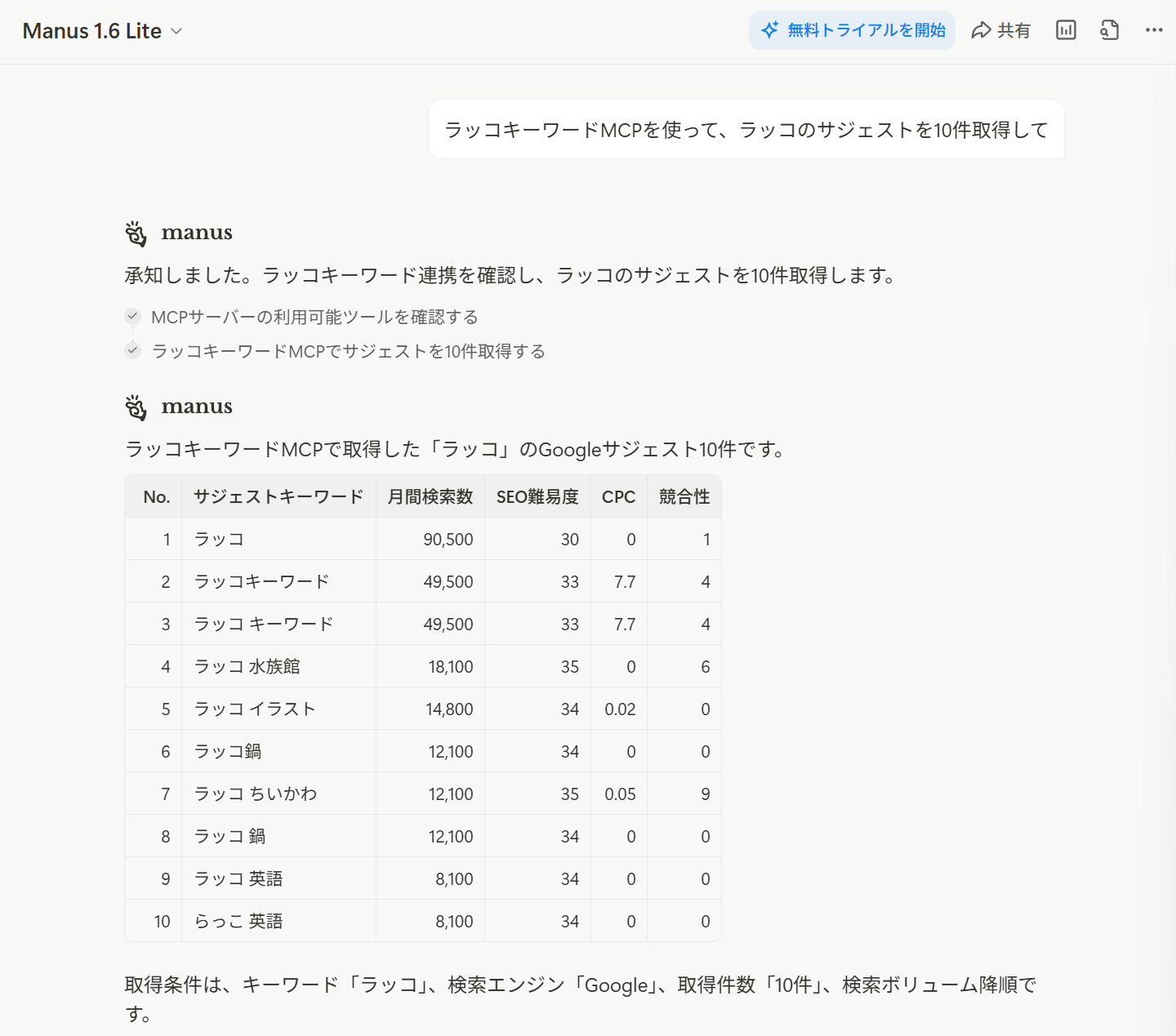 新しいチャットでラッコキーワードMCPが利用できることを確認した画面