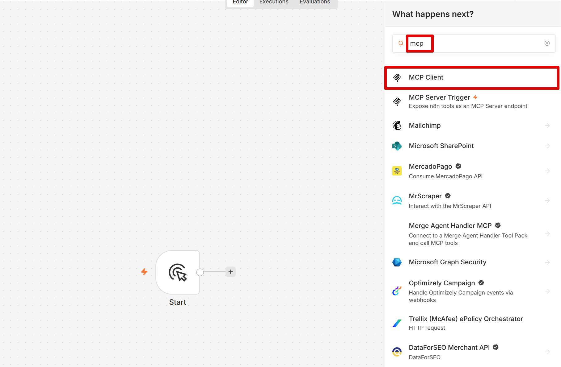 n8nの編集画面でMCP Clientノードを検索する画面