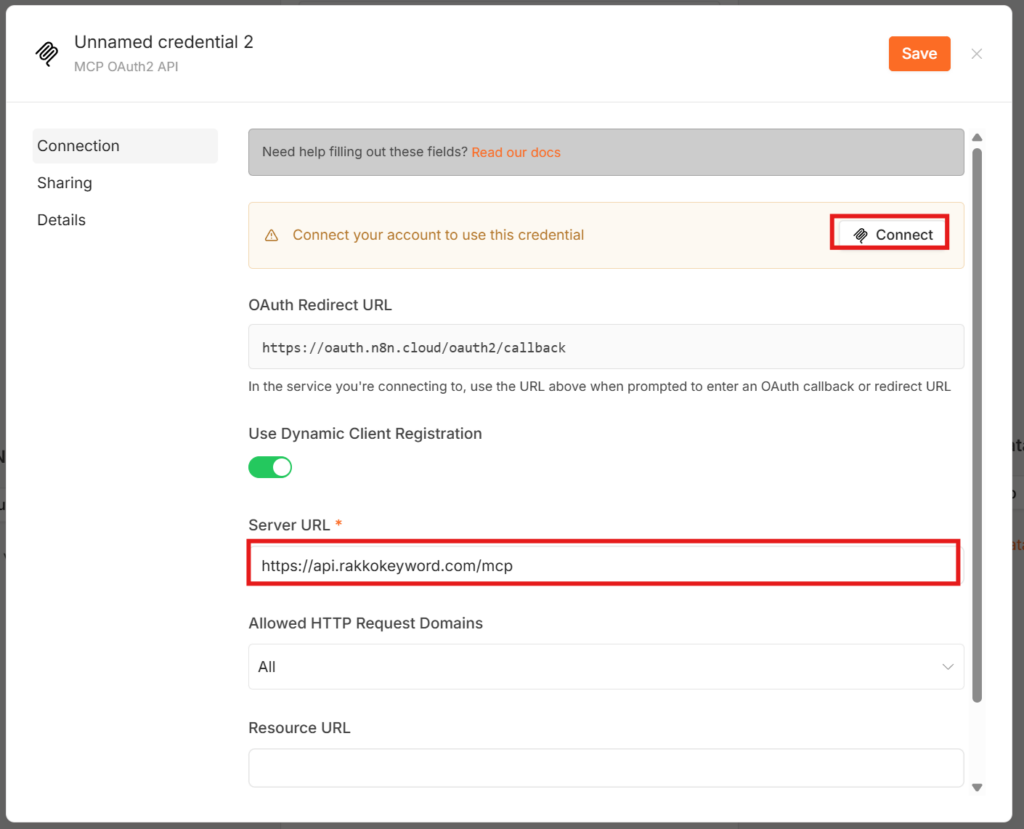 MCP OAuth2 API画面でServer URLを入力しConnectをクリックする画面