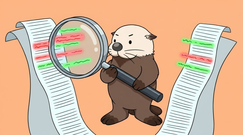 2枚の文書を拡大鏡で見比べ違いを光らせるラッコ