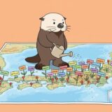 日本地図のピンから咲く単語カードに水をやるラッコ