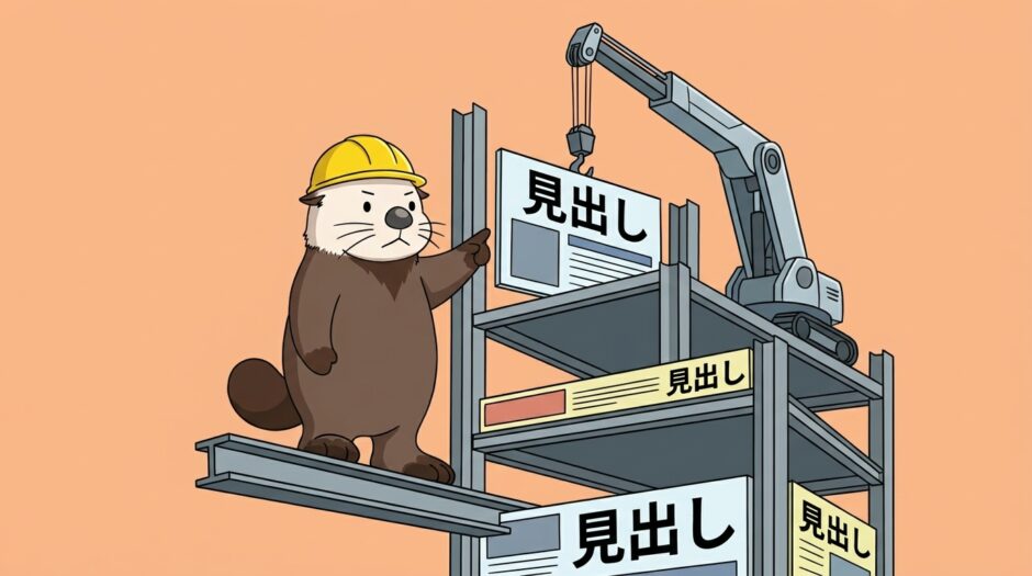 記事の骨組みに見出しを吊り下げる工事現場のラッコ
