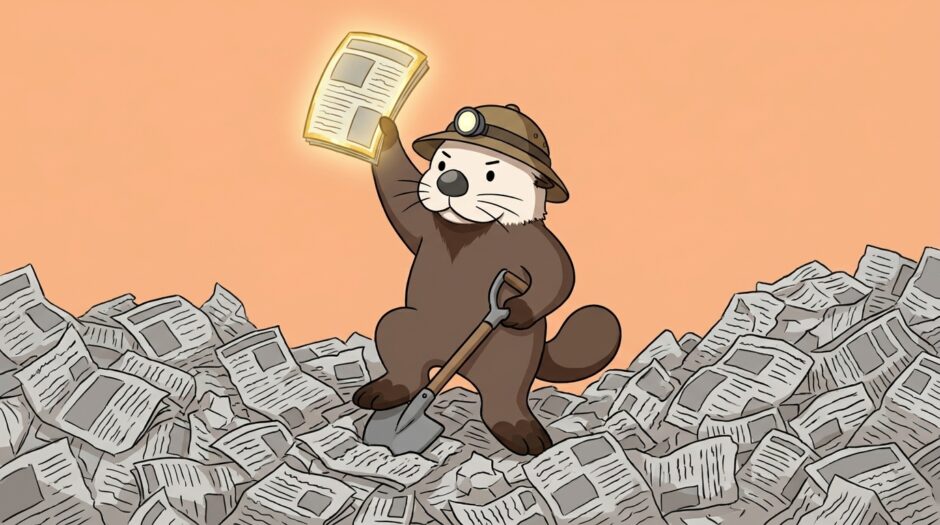 記事の山から光る1枚を掘り当てるラッコ