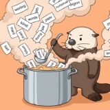 鍋から浮かぶ単語カードをおたまですくうラッコ