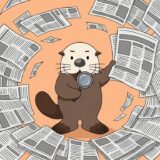 新聞の竜巻の中で記事をキャッチするラッコ