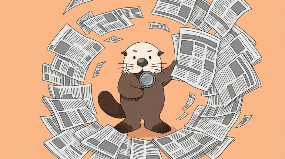 新聞の竜巻の中で記事をキャッチするラッコ