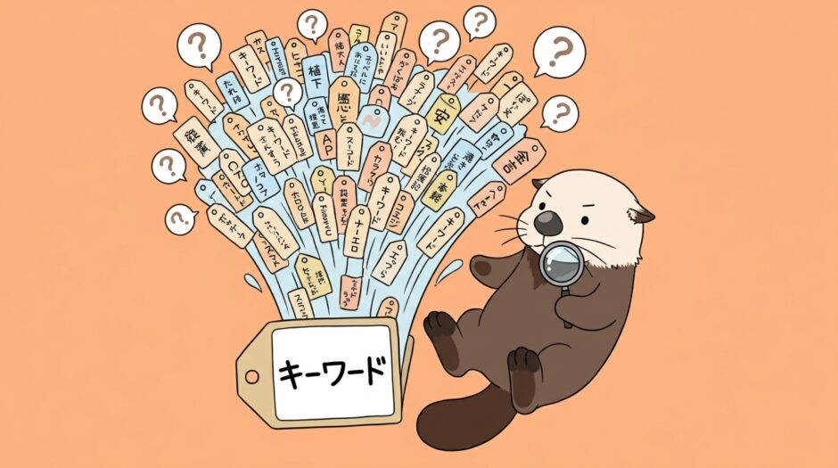 キーワードの札の裏から疑問が噴き出すのを調べるラッコ