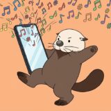 縦長スマホを持って踊るラッコと飛び出すハッシュタグ