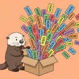 段ボールから飛び出す単語の札に驚くラッコ