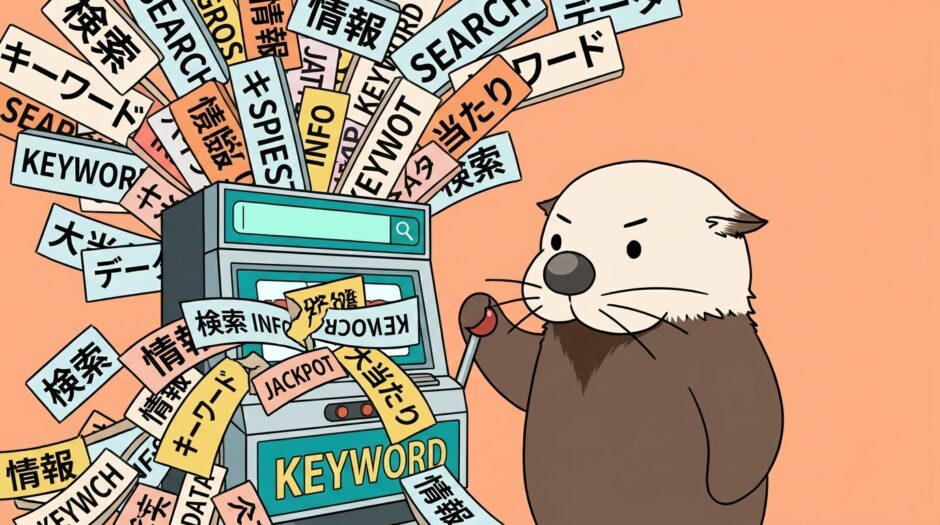 検索窓付きスロットマシンから単語の札があふれるラッコ