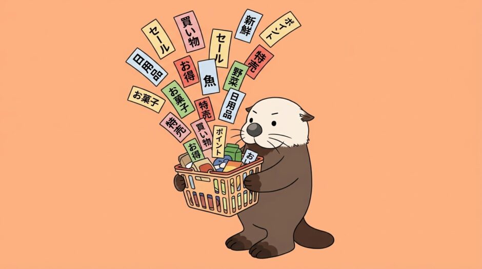 買い物かごから単語の札があふれ出すラッコ