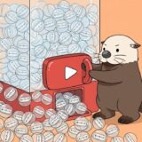 再生ボタン型ガチャからキーワードのカプセルを出すラッコ