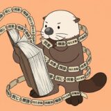 巨大な辞書から噴き出す同じ意味の言葉の鎖を見比べるラッコ