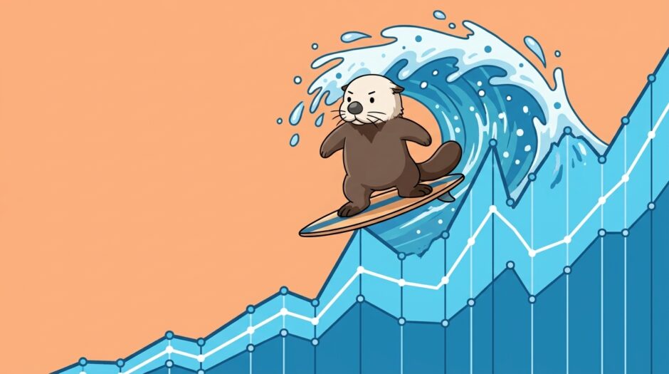 折れ線グラフの波に乗るサーフィンのラッコ