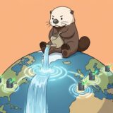 地球儀にじょうろで水をまいて光を広げるラッコ