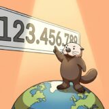 地球の上で頭上の数字の番地プレートを指さすラッコ