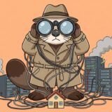 家から伸びるケーブルの先のサーバーを双眼鏡で見張る探偵ラッコ
