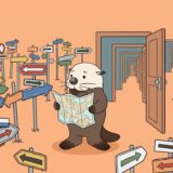 矢印標識だらけの迷路で地図を広げるラッコ
