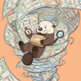 小包を抱えて渦巻く地図の中で住所を探すラッコ