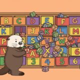 32個の引き出しのタンスに英字の積み木を仕分けるラッコ