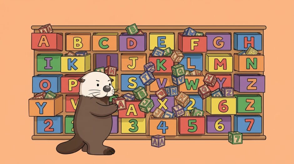 32個の引き出しのタンスに英字の積み木を仕分けるラッコ
