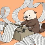 タイプライターから英数字のロール紙を噴き出させるラッコ