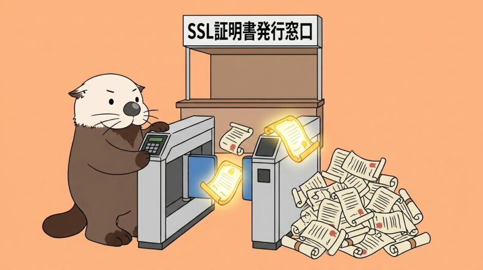 証明書の巻物を保安ゲートで選別するラッコ