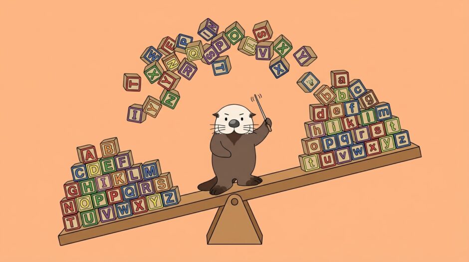 シーソーで大文字と小文字のブロックを入れ替えるラッコ