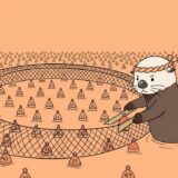 番号付きブイを網で範囲ごとに囲い込むラッコ
