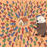 1軒の家を指す矢印看板を立てまくるラッコ