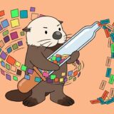 巨大なスポイトで色見本の色を吸い取るラッコ