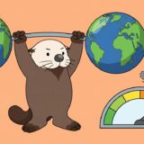 地球儀のバーベルを持ち上げ筋力メーターを振り切るラッコ