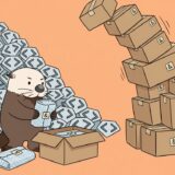 山かっこ記号のブロックを緩衝材で包んで箱詰めするラッコ