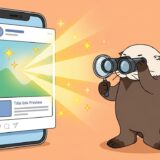 巨大なSNSシェアカードを双眼鏡と虫眼鏡で確認するラッコ