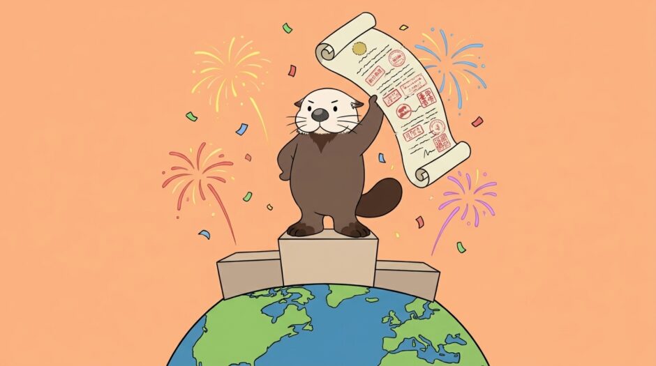 地球儀の上の表彰台で公式証書を掲げるラッコ