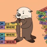 舞い狂うSQLの単語ブロックを定規できっちり整列させるラッコ