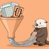 表と波括弧のブロックをじょうごに流し込み整列したカードを受け止めるラッコ