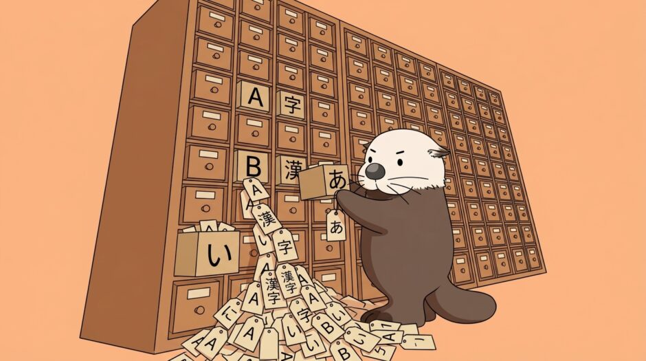 文字ブロックを番号札に付け替えるラッコ