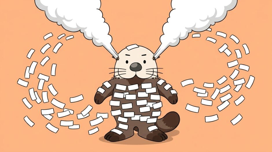 名前を考えすぎて頭から湯気を出し名札だらけになったラッコ