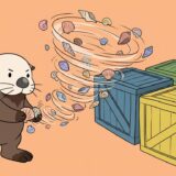4つの木箱に貝を猛スピードで振り分けるラッコ