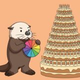 ろうそくが燃える巨大ケーキの前で早見盤を回して年齢を数えるラッコ