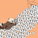 質問箱からあふれるはてなの吹き出しの中で虫眼鏡を構えるラッコ
