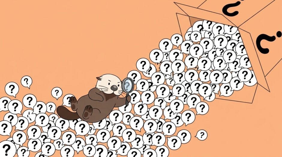 質問箱からあふれるはてなの吹き出しの中で虫眼鏡を構えるラッコ