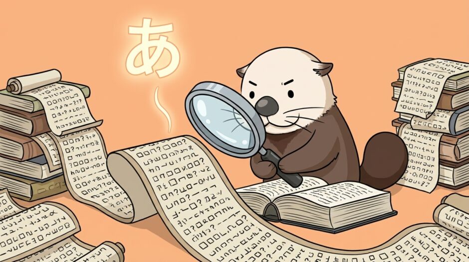文字化けした巻物を虫眼鏡と辞書で解読するラッコ