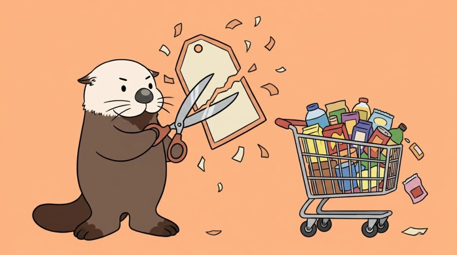 巨大な値札をハサミで切るラッコ