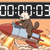 カウントダウン表示の前でロケット発射ボタンに手をかけるラッコ