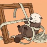 巨大な写真を巻き尺で測ってぐるぐる巻きになるラッコ